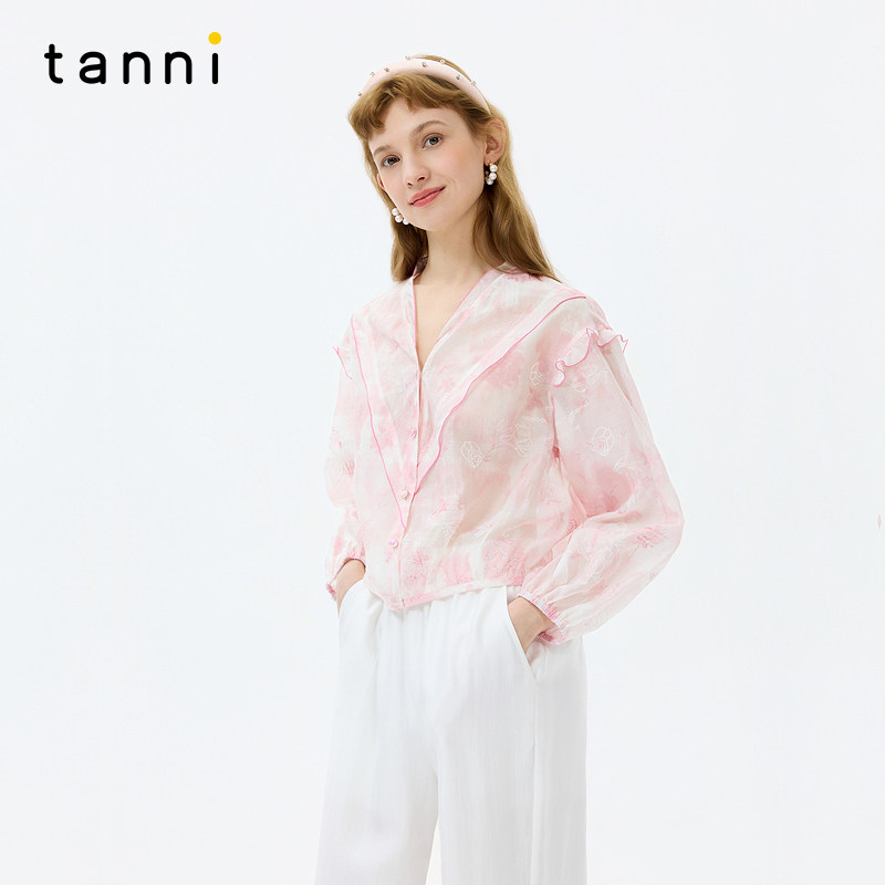 tanni2026夏季新款甜美淑女风优雅浪漫印花短款V领荷叶边衬衫上衣