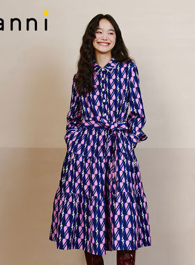 tanni商场同款气质百搭polo领收腰系带紫色衬衫连衣裙TL31DR015A