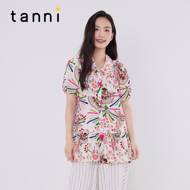 tanni新款通勤百搭花色甜美小A版型泡泡袖衬衫TM11SH003A
