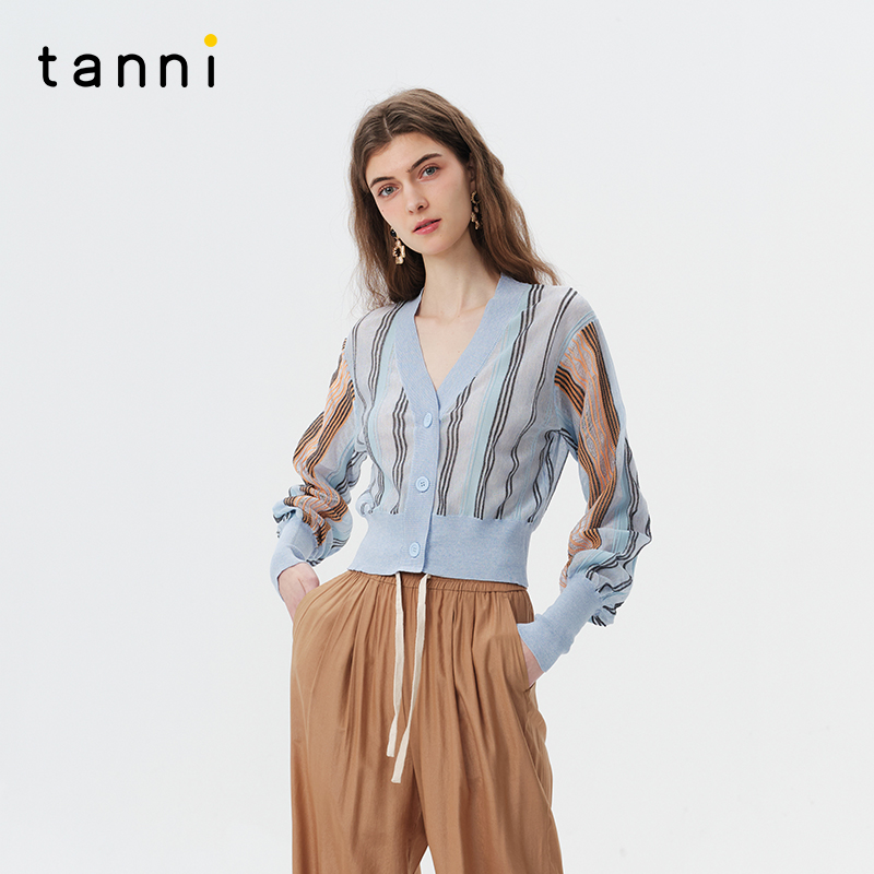 tanni优雅法式v领条纹针织开衫