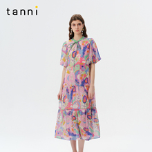tanni25夏新款优雅系带蝴蝶结珍珠扣显瘦轻薄连衣裙TO11DR027A