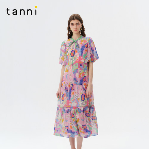 tanni系带蝴蝶结仿珍珠扣连衣裙