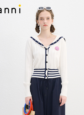 tanni25秋季海军领冰麻双曲纱显瘦短学院风款针织开衫TN11KN043A