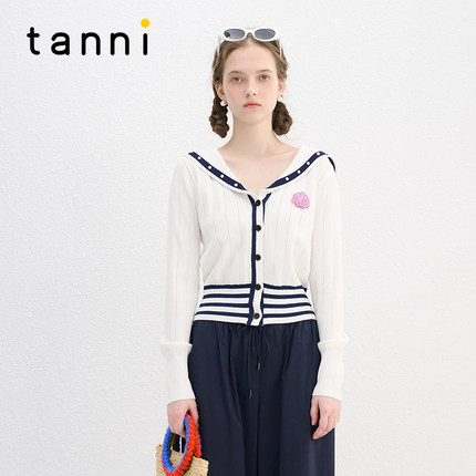 tanni25秋季海军领冰麻双曲纱显瘦短学院风款针织开衫TN11KN043A