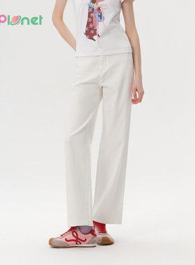 innplanet25夏新款直筒简约百搭休闲淡人白色牛仔长裤PO11DE026A