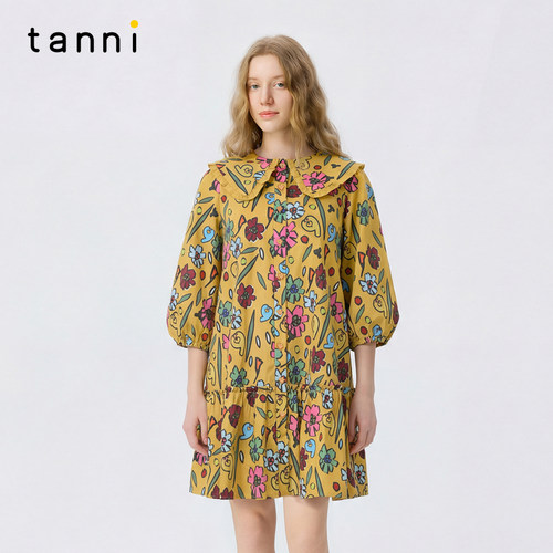 tanni复古风娃娃领泡泡袖连衣裙
