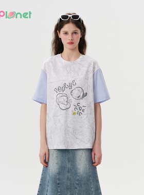 innplanet25春新款大力水手联名拼接复古做旧休闲T恤女PO11TS101A