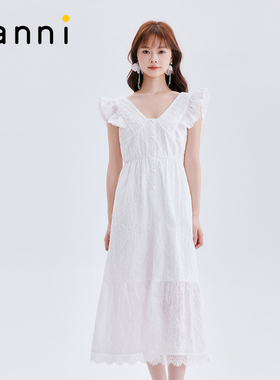 tanni新款温柔法式深V领荷叶袖长款连衣裙女TM11DR105A