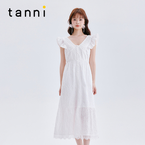 tanni新款温柔法式深V领荷叶袖长款连衣裙女TM11DR105A