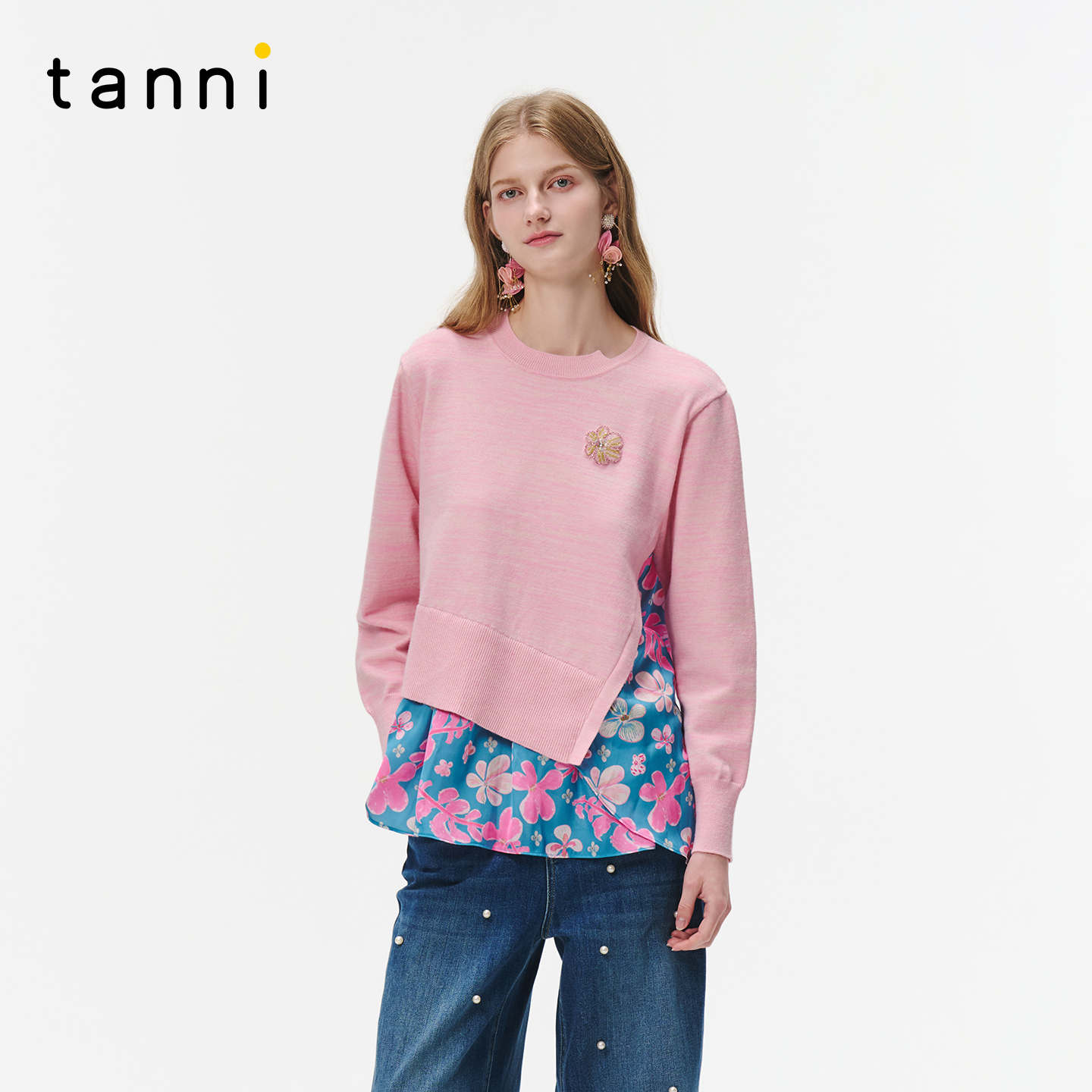 tanni25秋冬新款甜美优雅显瘦拼接设计粉色珠花针织衫TO31KN011A