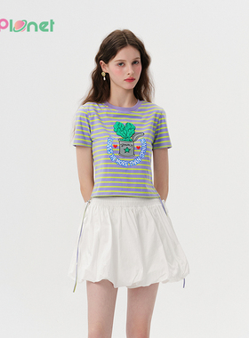 innplanet25夏新款大力水手印花正肩条纹短款抽绳T恤女PO11TS819A