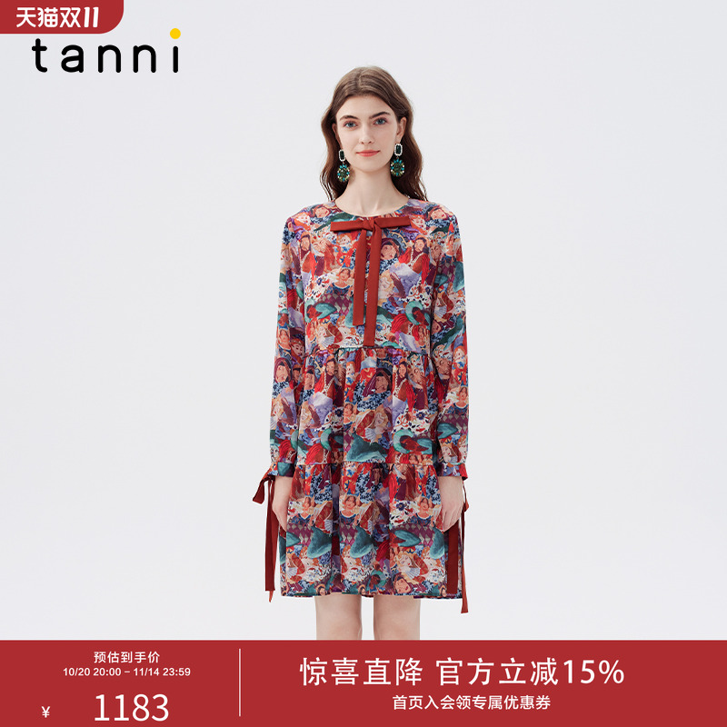 tanni缎面印花长袖蝴蝶结连衣裙