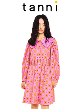 tanni商场同款爱心印花X版娃娃领甜美可爱修身连衣裙女TL11DR036A