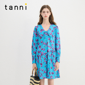 tanni新款法式度假车厘子女孩V型娃娃领A字连衣裙TN11DR159B