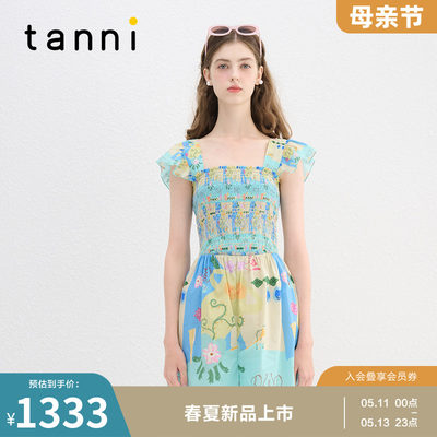 tanni休闲印花飞飞袖阔腿连体裤