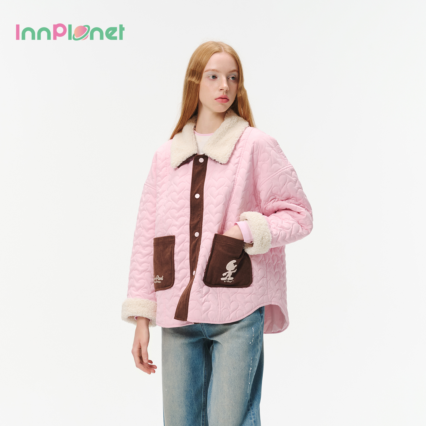 innplanet25秋冬新款蓝精灵系列甜美羊羔毛领保暖棉服PO31CJ821A