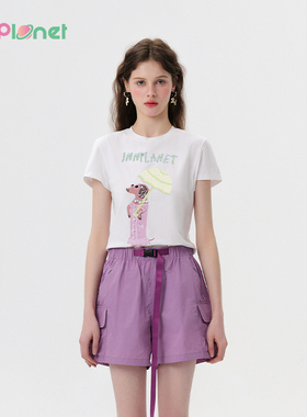 X6innplanet25夏新款可爱腊肠印花珍珠修身正肩短款T恤PO11TS020A