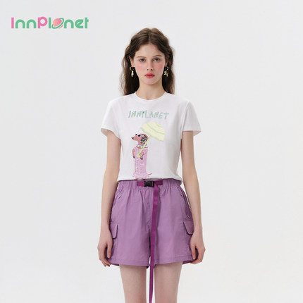 X6innplanet25夏新款可爱腊肠印花珍珠修身正肩短款T恤PO11TS020A