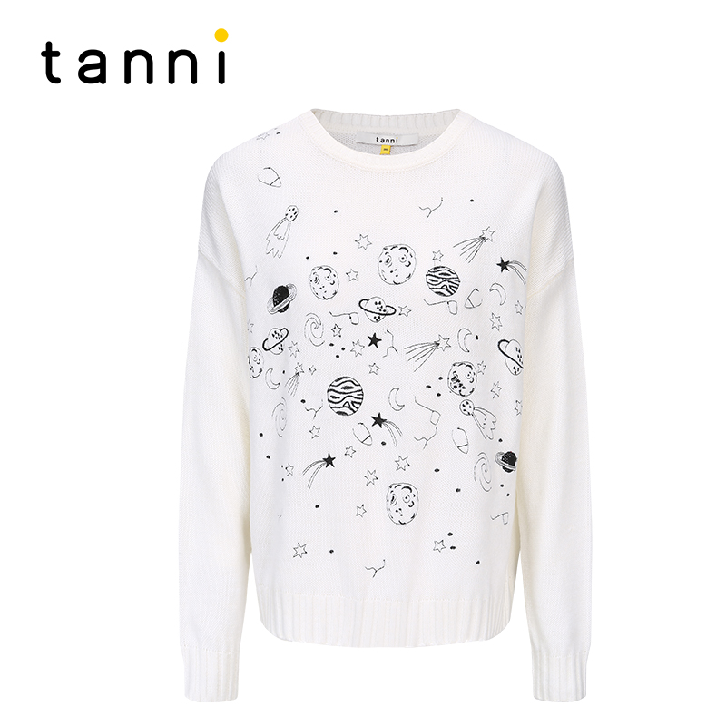 tanni白色星空图案圆领针织衫