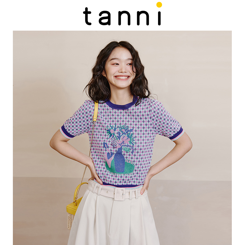 tanni格子印花套头针织衫