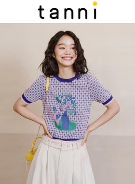 tanni圆领格子印花针织衫秋新品时尚修身短袖上衣TL31KN092A