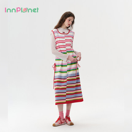 innplanet25春新款休闲长款彩色条纹无袖U领针织连衣裙PO11KN011A