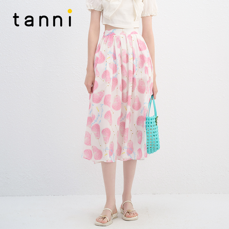 tanni粉梨女孩印花松紧腰半身裙
