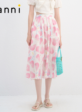 tanni甜美俏皮浪漫粉梨女孩印花松紧腰艺术花卉半身裙TN11SK081B
