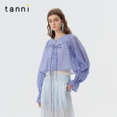 短款 tanni25秋新款 甜美复古蓝格子灯笼袖 天丝上衣TO11BL024A