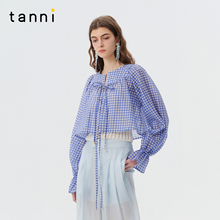 tanni25夏新款甜美复古经典蓝格子灯笼袖短款天丝上衣TO11BL024A