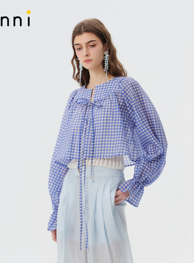tanni早春新款甜美复古蓝格子灯笼袖短款天丝上衣TO11BL024A