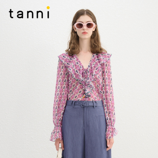浪漫撞色荷叶边v领显瘦碎花衬衫 TN11SH037A 法式 tanni新款
