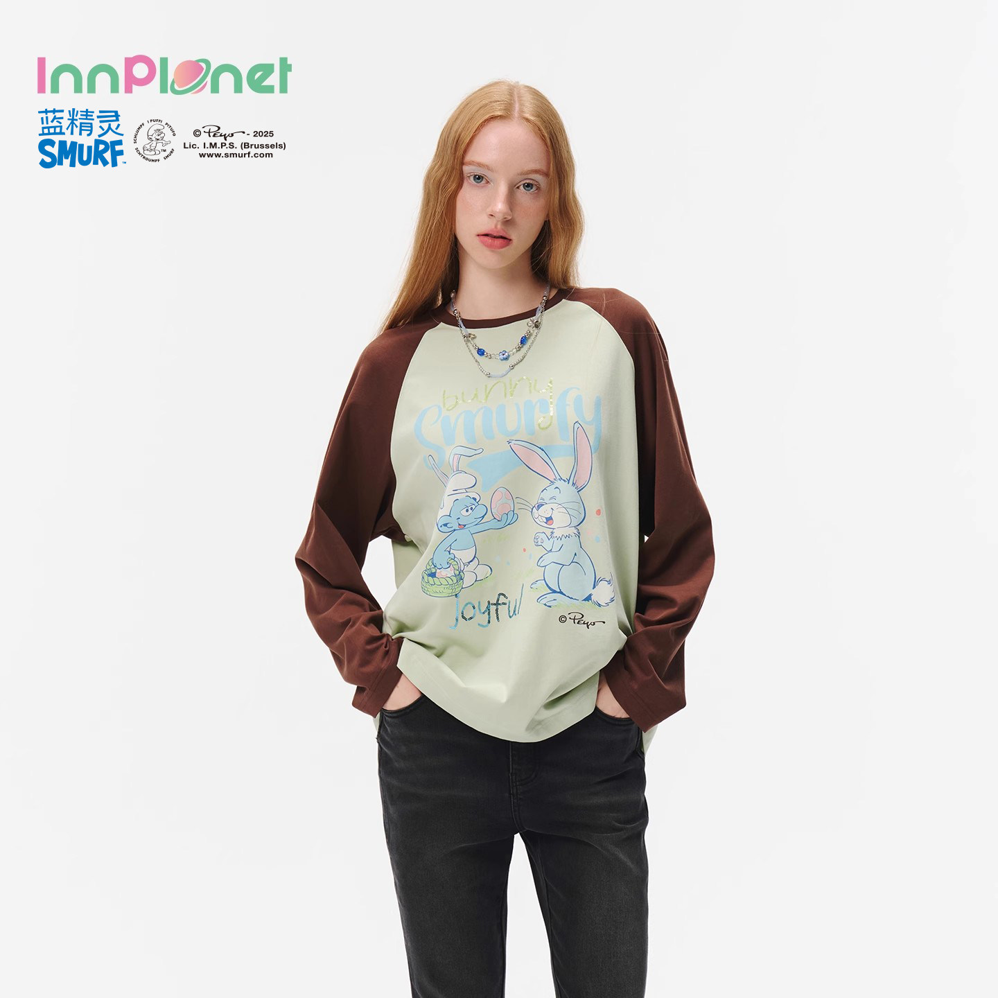 innplanet26春夏新款蓝精灵系列珠片绣花复古拼接卫衣PO31HO825A