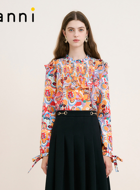 tanni新款通勤司马克拼接荷叶边百搭印花上衣TM31BL013A