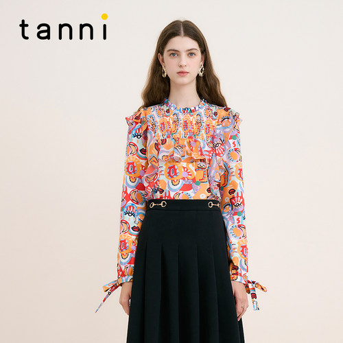 tanni拼接荷叶边百搭印花上衣