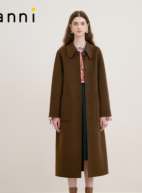 tanni新款赫本风深咖色复古通勤绵羊毛长款大衣外套女TM31CO015A