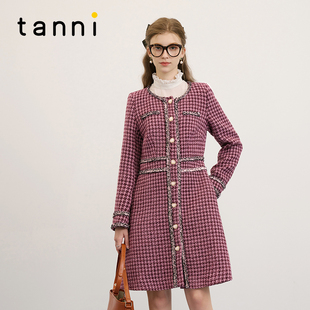 tanni新款 千金贵气小香风千鸟格圆领连衣裙TM31DR040A