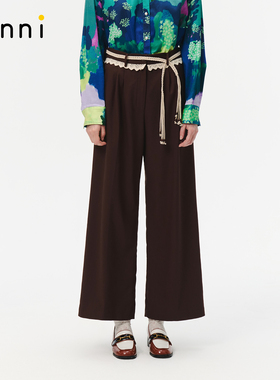 tanni25秋冬新款通勤休闲百搭棕色编织腰带直筒长裤TO31PA012A