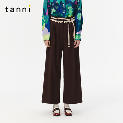 tanni25秋冬新款通勤休闲百搭棕色编织腰带直筒长裤TO31PA012A