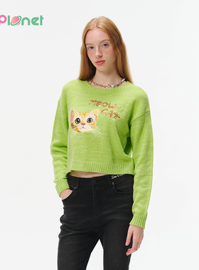 innplanet25秋冬新款文艺绿色卡通猫咪休闲针织衫毛衣PO31KN043A