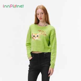 innplanet25秋冬新款 毛衣PO31KN043A 文艺绿色卡通猫咪休闲针织衫