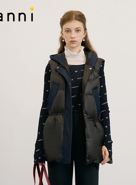 tanni新款通勤复古风拼接抽绳收腰蓬松羽绒马甲TM31DJ038A