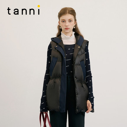 tanni新款通勤复古风拼接抽绳收腰蓬松羽绒马甲TM31DJ038A