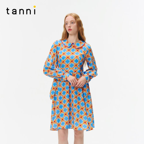 tanni夏季新款复古浪漫娃娃领蝴蝶结A字印花连衣裙TO31DR200A