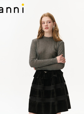 tanni2026春新款修身轻熟优雅灰色半高领女花边打底衫TO31BL014A