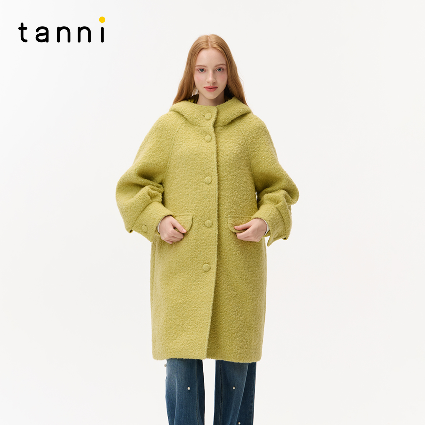 tanni25秋冬新款温柔茧型中长款樱黄色连帽纽扣大衣TO31CO013A