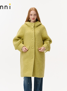 tanni25秋冬新款温柔茧型中长款樱黄色连帽纽扣大衣TO31CO013A