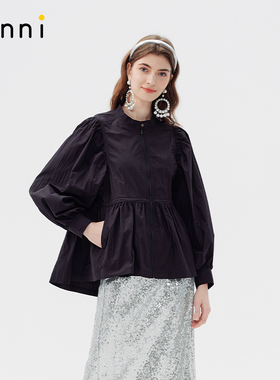 tanni25春新款通勤简约休闲宽松设计泡泡袖拉链外套女TO11OW011A
