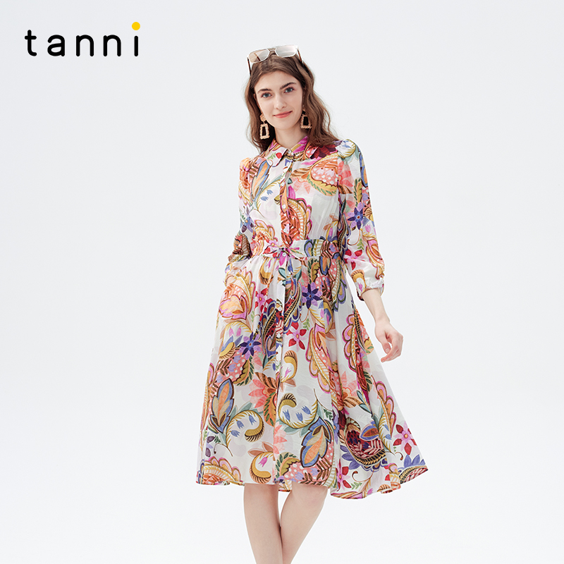 tanni欧式印花小翻领收腰连衣裙