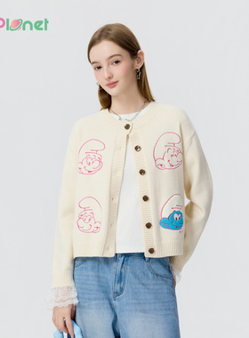 innplanet26春新款蓝精灵系列甜美蕾丝拼接针织开衫女PP11KN801A